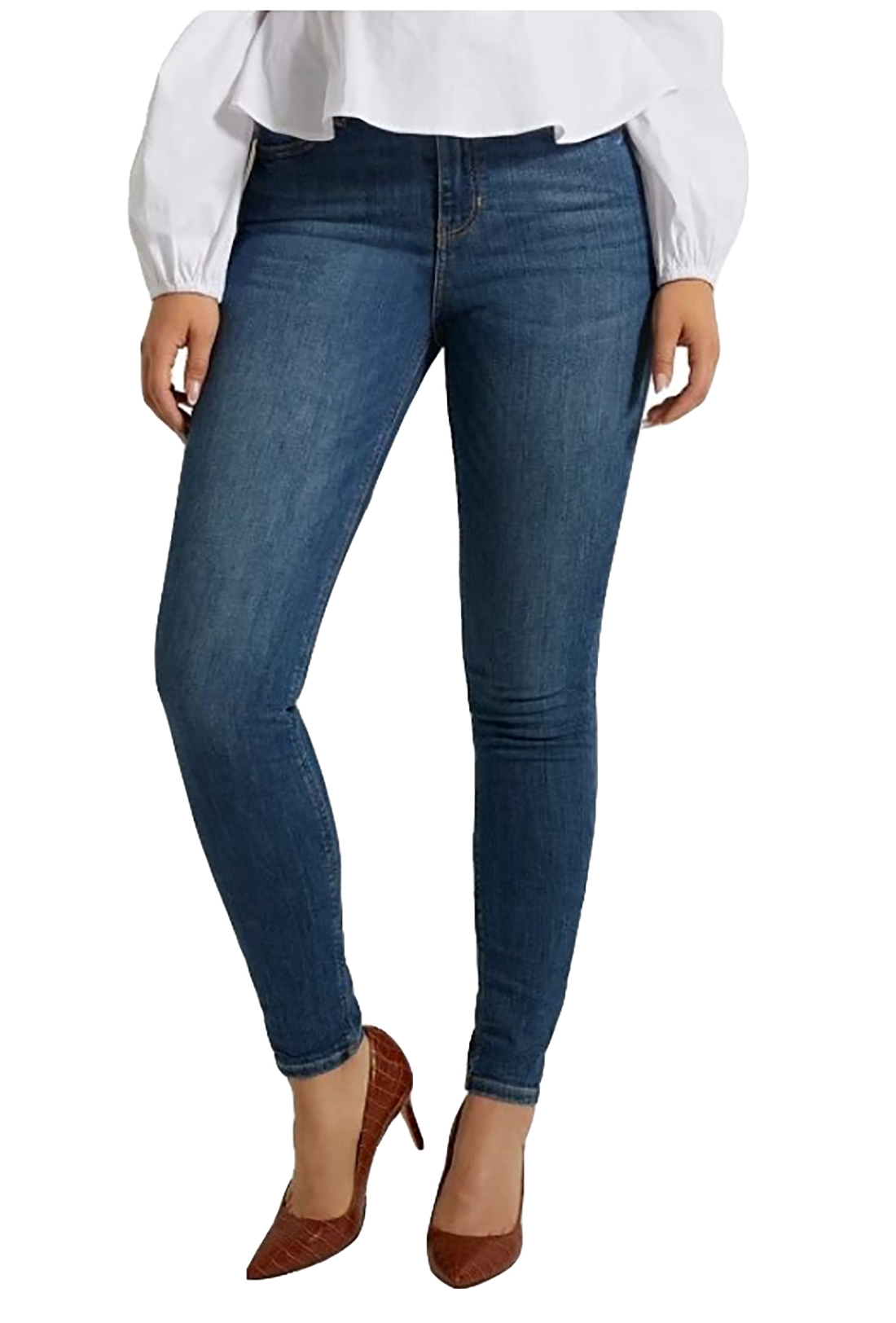 GUESS Pantaloni jeans da donna vestibilità skinny con logo su tasca ...